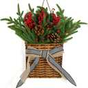 Christmas Door Hanger Basket Wreath, Artificial Hanging Basket Wreath for Front Door Norfolk Pine Wreathes with Red Berries & Pine Cones for Christmas Farmhouse Indoor Outdoor Decoration