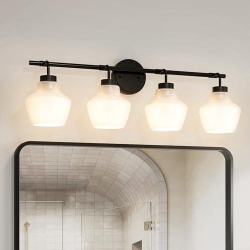 USHOWER 4-Light Bathroom Light Fixtures, Vanity Lights with White Frosted Glass Shades, Modern Black Vanity Lights for Bathroom, Mirror, Living Room, Bedroom, Hallway, E26 Base (Bulbs Not Included)