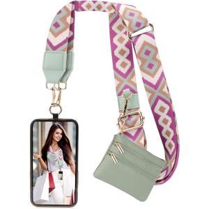 XANGNIER Clip and Go Strap for Phone with Wallet Crossbody, Phone Strap with Zippered Wallet, Adjustable Anti Theft Cellphone Lanyard for Women, Cellphone Chain Accessories Green