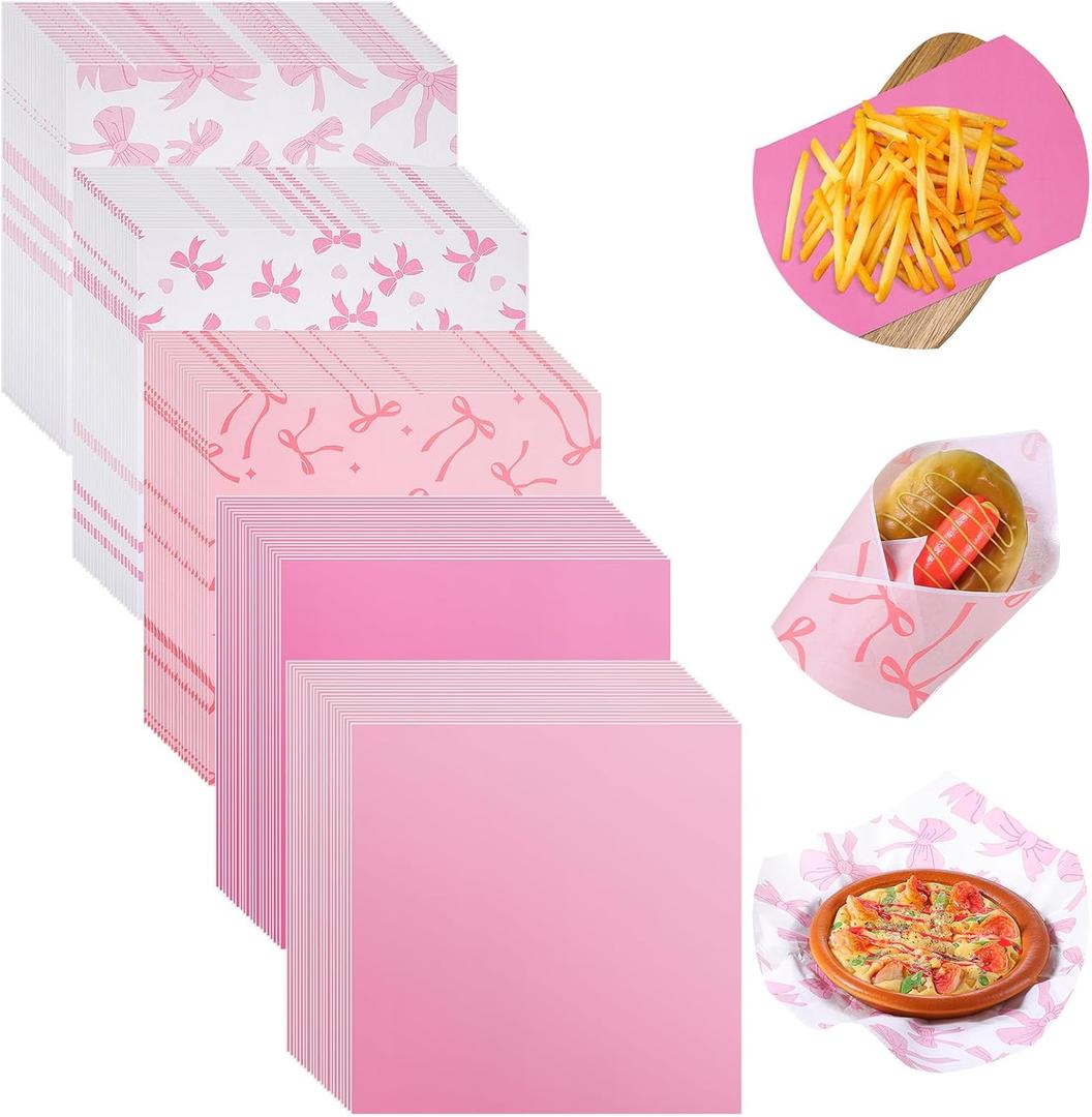 Havawish 400 Pack Valentines Wax Paper Sheets for Food 12x12 Inch Pink Bow Parchment Dry Waxed Deli Paper Sheets Waterproof Sandwich Wrapping Greaseproof Food Basket Liners for Picnic Kitchen Supplies