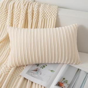 UGASA 14x24 Inch Pillow Cover Pack of 1 Soft Boho Stripe Corduroy Long Rectangular Lumbar Cushion Cover Farmhouse Decorative Throw Pillowcase for Bed, Couch, Sofa, Bedroom, Living Room, Cream