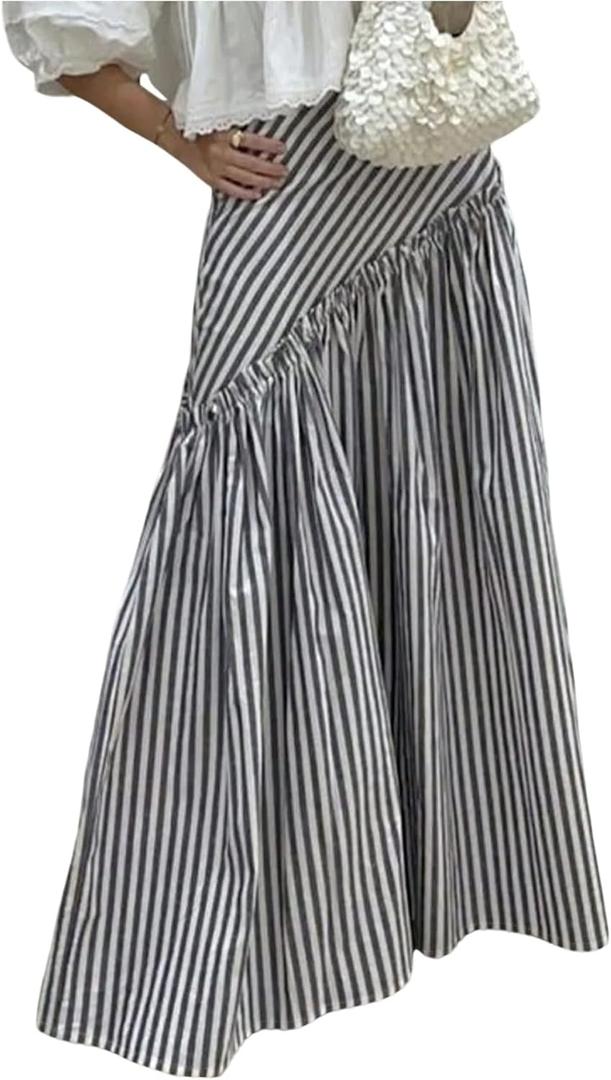 GORGLITTER Women's Striped Maxi Skirt Frill Trim Ruffle Flowy A Line Trendy Boho Long Skirts, S