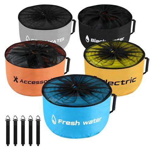 NVAAV 5 Pack RV Sewer Hose Storage with Drawstring Mesh Top, Waterproof RV Accessories Bags Utility Bag Organizer for Garden Fresh Water Hoses Electrical Cords Camper Tools