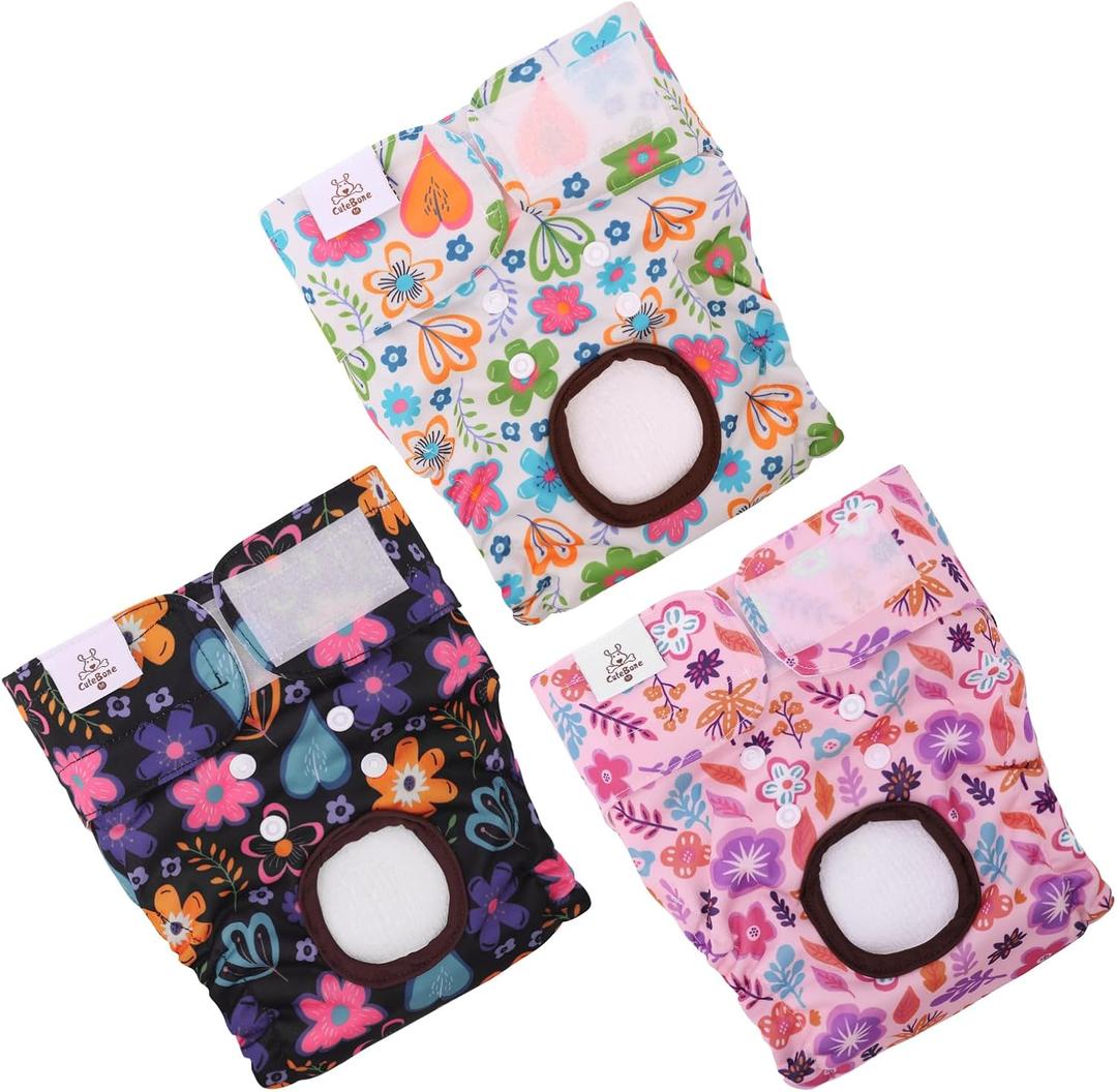 CuteBone Dog Diapers Female Washable  3 Pack Reusable Doggie Diapers Puppy Period Pants for Doggy Heat Cycle Peeing XS