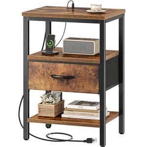 SUPERJARE Nightstand with Charging Station, Bed Side Table with Adjustable Fabric Drawer, Night Stand for Bedroom, 3-Tier Storage End Table, for Living Room, Rustic Brown