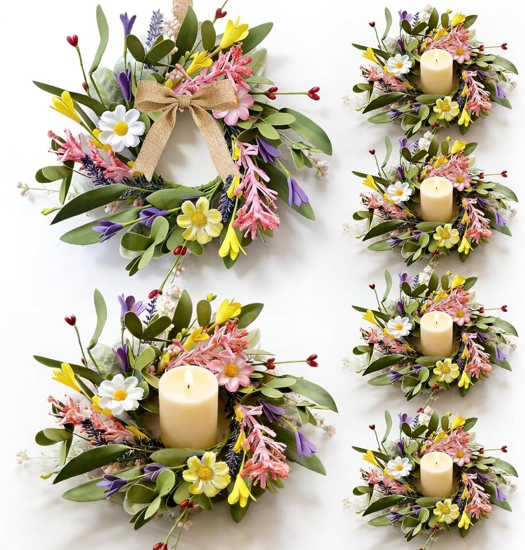 6 Pcs Mini Spring Candle Rings Wreaths Pink White Daisy Flower Small Pillar Holder Wreath Artificial Purple Wild Flower Summer Floral Wreath for Farmhouse Porch Front Door Cabinets Table Decoration