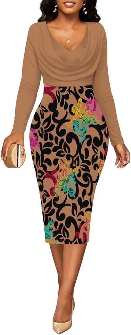 Women's Classic Bodycon Pencil Dress Formal Long Sleeve V Neck Sheath Casual Wrap Church Modest Business Outfits Party Work Dresses L