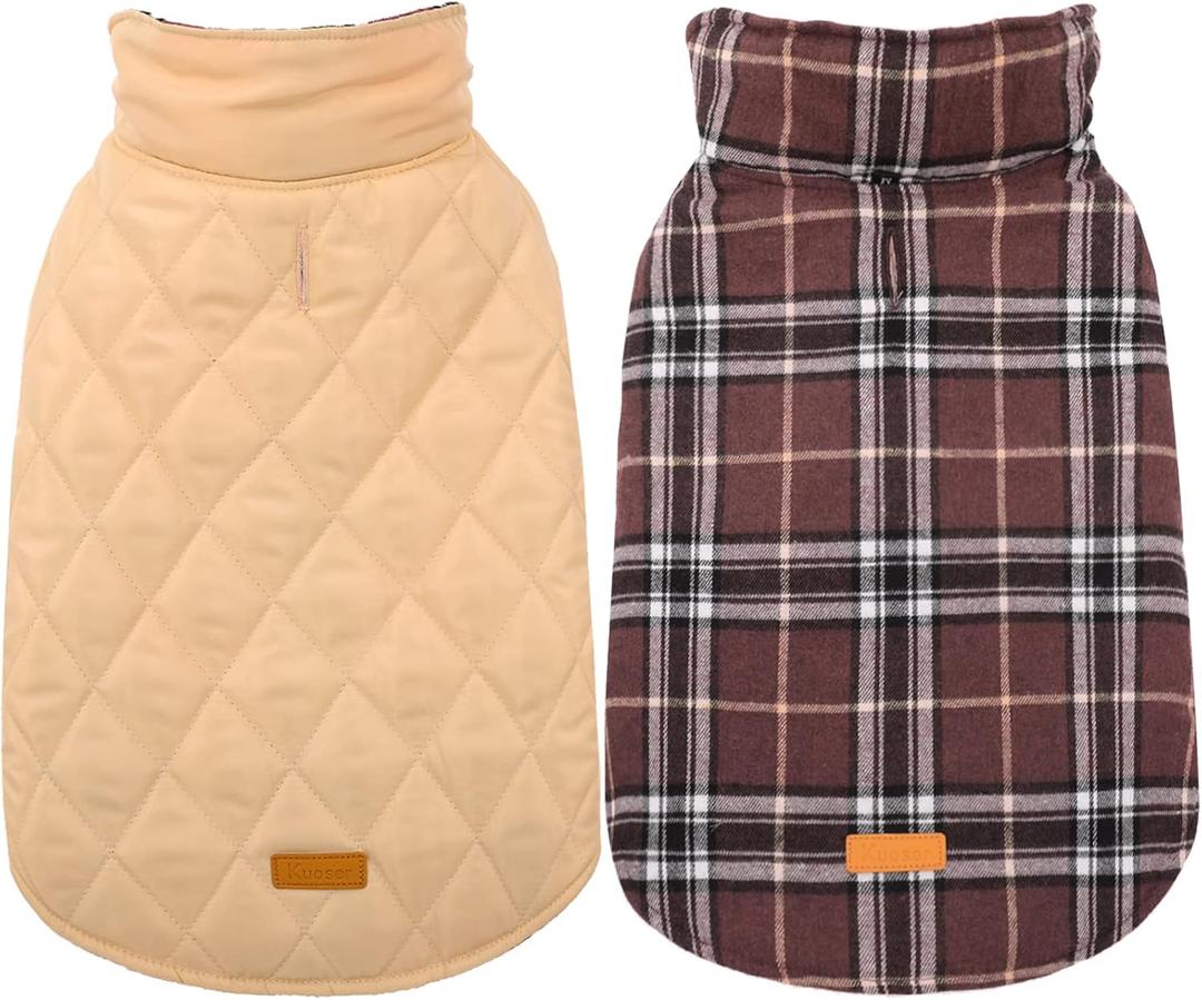 Kuoser Dog Coat Waterproof Jacket - Windproof Cold Weather Apparel for Small Medium Large Dogs - Reversible British Plaid Sweater Winter Vest - Brown XXL (2X-Large (Pack of 1), Brown)