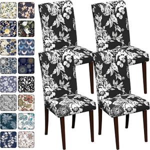 Chair Covers Dining Room Set of 4,Printed Patterned Stretch Non Slip | Chair Slipcover Removable Washable Kitchen Chair Protector Cover for Home Hotel Banquet Wedding Party Navy White Floral Leaf