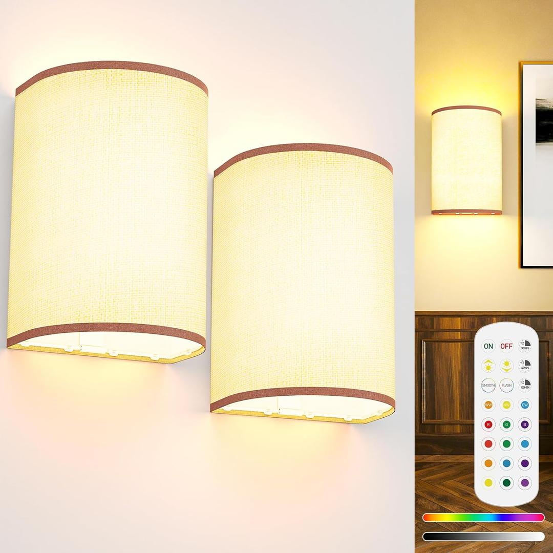 Battery Operated Wall Sconces Set of 2, Rechargeable Wall Sconces 15 Colors Wall Lamp with Remote 10 Levels Brightness, 5000mAh Wireless Wall Decor Set of 2 with Timer for Bedroom Living Room