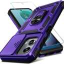 Janmitta Compatible with Moto G 5G 2024 Case Built in Slide Camera Lens Cover+Screen Protector+Finger Ring Holder Kickstand,Heavy Duty Shockproof Full Body Protective Phone Cover,Purple
