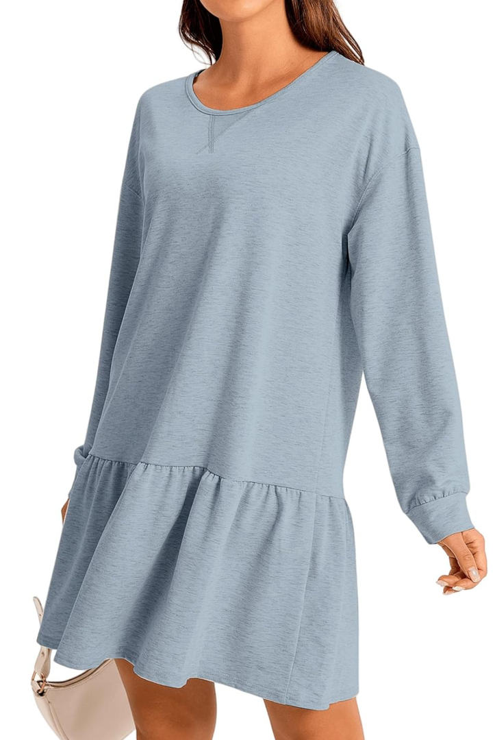 Womens 2025 Fall Long Sleeve Pullover Tops Crewneck Rib Knit Patchwork Sweatshirt Dress Ruffle Mini Dresses, Size S