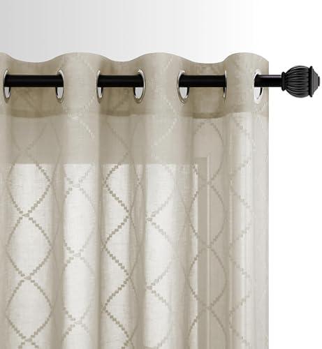 KOUFALL Brown Curtains 90 Inches Long for Living Room,Classics Embroidered Wavy Diamond Window Curtains Linen Look Grommet Sheer Window Drapes for Bedroom Set 2 Panels