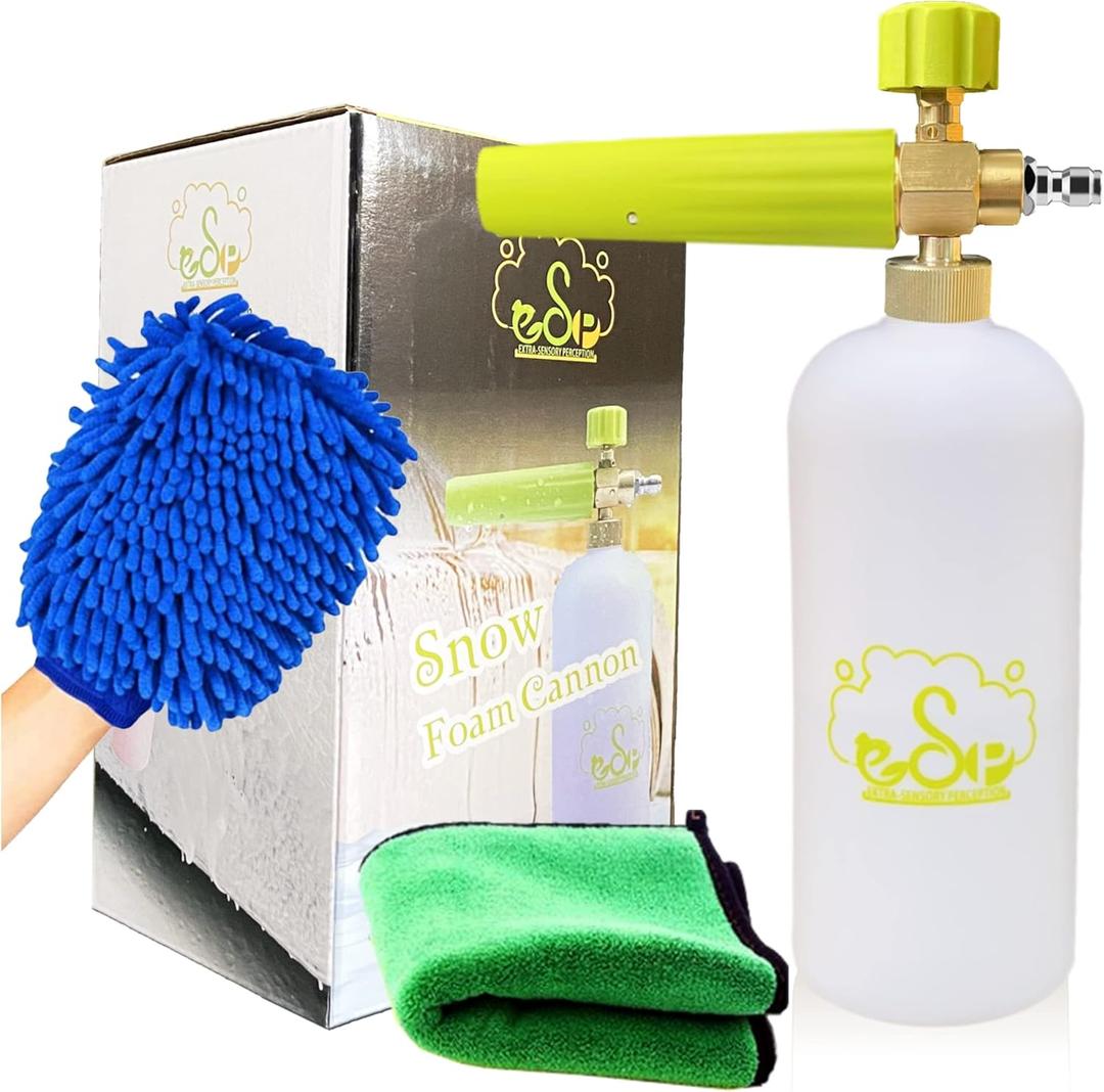 ESP Foam Cannon Snow Foam Lance Pressure Power Jet Washer Quick Release Adjustable Nozzle with 1 Liter Bottle Washing Mitts 1 Towel