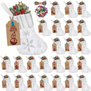 24 Set Mini White Christmas Stockings Set with Silver Sequin Snowflake 6 Inch Faux Fur Xmas Hanging Stocking Bulk Small Plush Xmas Stocking with Christmas Kraft Gift Tags