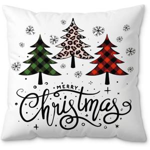 Merry Christmas Tree Pillow Covers 18x18, Winter Home Decor, Red and Green Plaid Leopard Xmas Tree Snowflake Decorative Pillow Covers for Couch Sofa Bedroom Living Room Home (Style02)