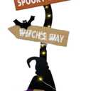 Halloween Porch Sign Wood Halloween Porch Decor with Light Strip Easy Assembly Witch Broom Shape Road Sign with Skeleton Top for Outdoor Decorations,Yard Signs
