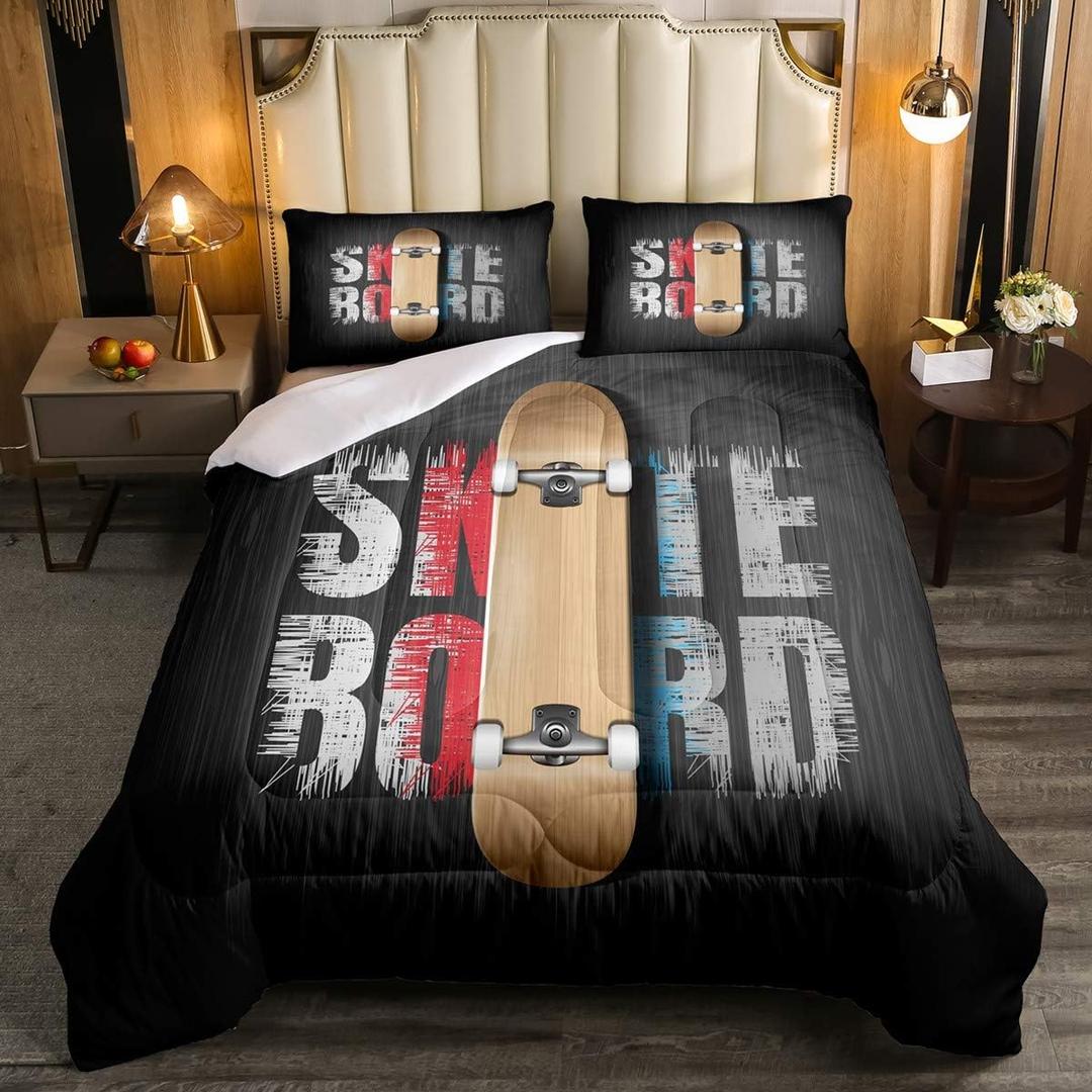 Skateboard Bedding Set Boys Teens Extreme Sport Comforter Set Kids Vintage Old School Skate Board Duvet Set Hippie Skater Quilt with 2 Pillowcase 3Pcs Bedding Full,Gray Boys (Multi 18)