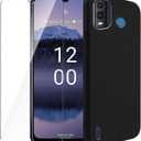 Case for Nokia G11 Plus + Glass Screen Protector Tempered Film - Transparent Silicone Soft Flexible Bumper Shockproof TPU Protective Cover Shell for Nokia G11 Plus (Black)