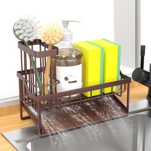 Kitchen Sink Caddy Sponge Holder for Kitchen Sink with Brush Holder, Cocina Organizer and Storage Dish Soap Sponge Caddy with Auto Stainless Steel Draining Tray (Bronze)