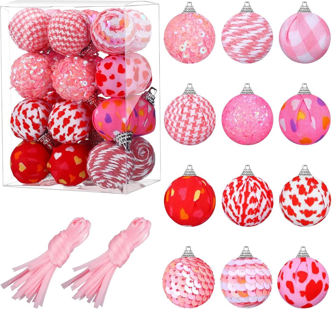 2 x 24 Pcs Valentines Day Balls Ornaments for Tree 30 mm Hanging Glitter Rustic Ball Ornaments for Valentine's Party Decor (Pink, White, Romantic Style)