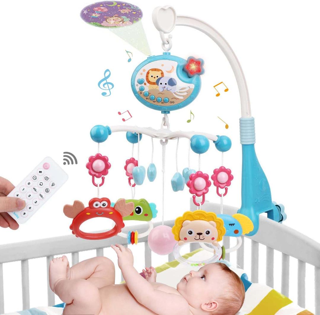 Baby Crib Mobile with Music and Light, Crib Toy with Remote Control Timming Function, Projector Rotating Hanging Rattles Toys Baby Mobile Gift Toy for 0-24 Moths Boys and Girls