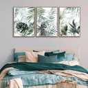 Large Framed Canvas Wall Art - Natural Float Framed Tropic Leaf Pictures Wall Art Prints for Living Room Decor Green Plants Artwork for Bedroom Kitchen Home Office Decoration 60" X 28" Set of 3, 20" X 28" X 3pieces Framed
