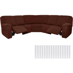 Peryiter 7 Pcs L Shape Sectional Recliner Sofa Covers 5 Seat Sectional Couch Covers Milk Silk Velvet Stretch Reclining Sofa Slipcover Furniture Protector for Living Room(Coffee Brown,Milk Silk)