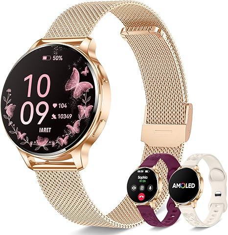 Smart Watches for Women, 1.27″ AMOLED Fitness Tracker with Heart Rate SpO2 Sleep Monitor, 3 Bands, 120+ Sport Modes, Call & Notifications, Smartwatch for Android & iPhone Compatible, 40 mm Rose Gold