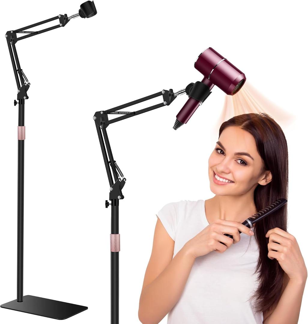Hair Dryer Stand, 1.68M Height Adjustable, Hands Free Blow Dryer Holder with Heavy Base, 360 Degree Rotating, Work with 99% Dryers, Gift for Mom, Elder, Frozen Shoulder - Black