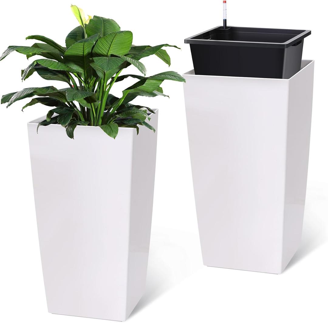 30" Tall Planters Set of 2, Outdoor Indoor Black Planter Pots, High Front Porch Planter Pots with Drainage HolesWater Level MonitorInner Bucket, Automatic Watering, White