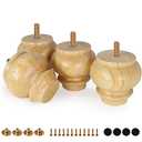 FoDau770 Rubber Wood Furniture Legs 3 Inch, Mid-Century Modern Couch Feet Heavy Duty Sofa Legs Set of 4, Vintage Dresser Feet Round Ottoman Leg Bun Feet Replacement Leg for DIY Furniture Projects