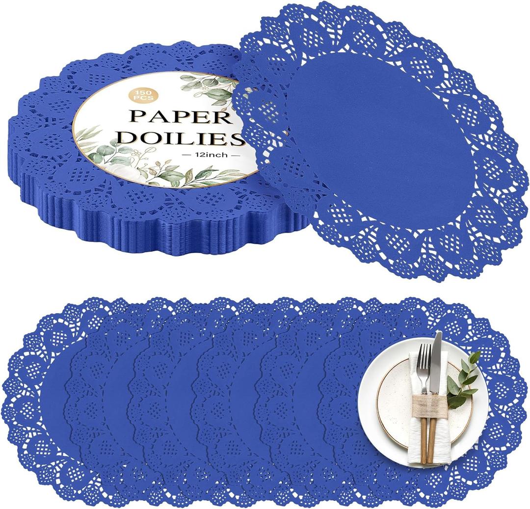 Kochorie 150 Pieces Lace Paper Doilies 12 Inches Round Blue Paper Doilies Disposable Decorative Placemats for Food Cakes Crafts Party Weddings Tableware Decoration