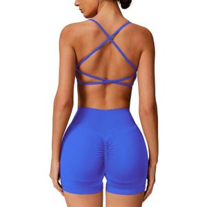 ABOCIW Womens Seamless Workout Sets Backless Sports Bra Scrunch Butt High Waist Gym Shorts 2 Piece Outfits (Blue, XL)