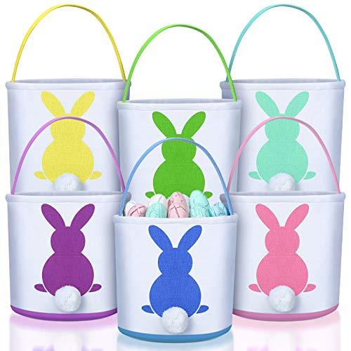 Weewooday 6 Pcs Easter Bunny Basket Bags Canvas Rabbit BucketTote for Easter Egg Hunts Candy Gifts Storage(Fresh Style,Colorful 1)