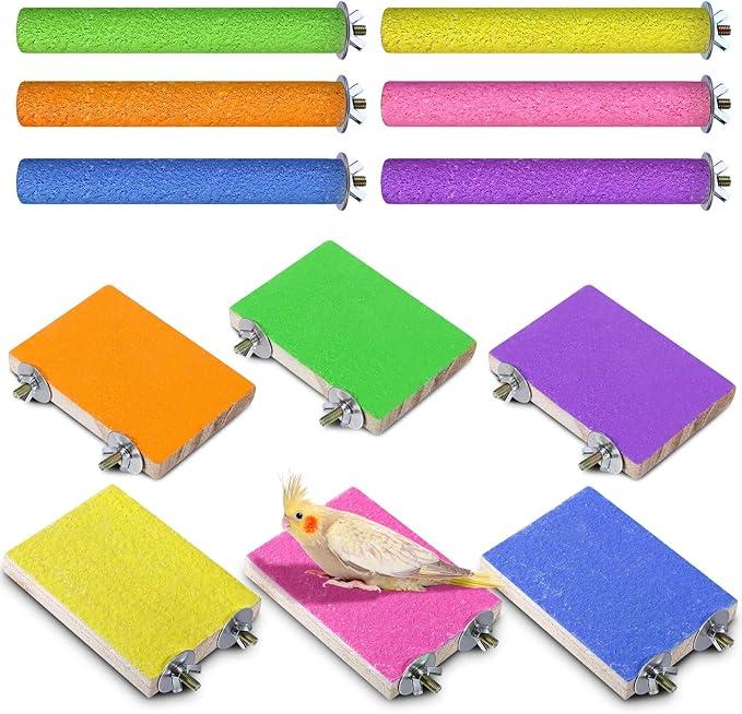6 Pcs Bird Perch Stand Toy, Wood Parrot Stand Platform Colorful Sand Paw Grinding Stick Cage Accessories Exercise Toys for Cockatiel Conure Budgies Parakeet Lovebird Hamster Gerbil Rat Mouse (6 Pcs)