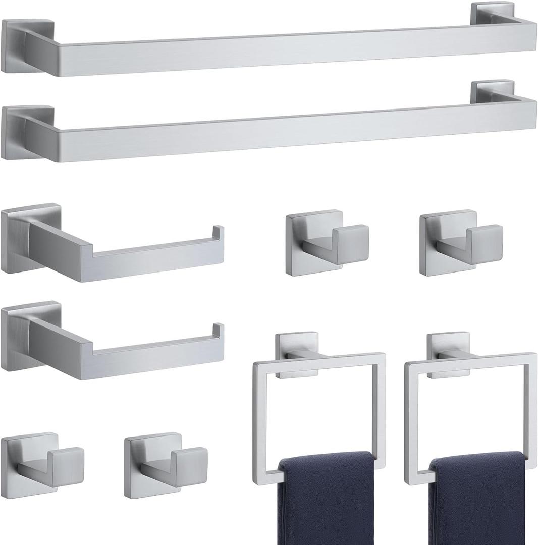10-Pieces Brushed Nickel Bathroom Accessories Set, Stainless Steel Bathroom Hardware Set, Towel Racks for Bathroom Wall Mounted 24 Inch Bath Towel Bar Set.
