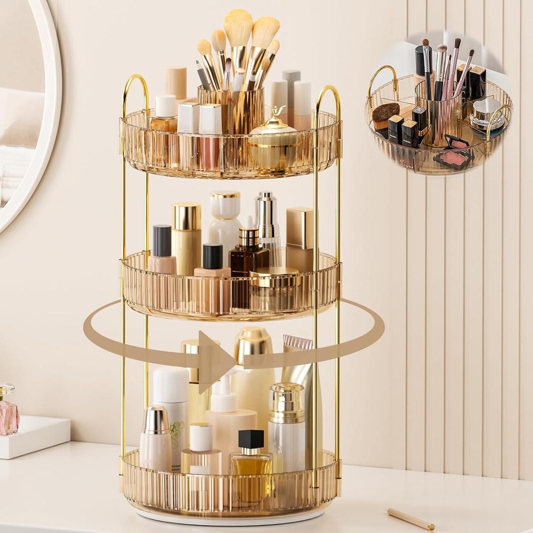 360 Rotating Makeup Organizer, Upgraded 3 Tier Skincare Perfume Organizers for Women, Bathroom Organizer Countertop, Clear Cosmetic Dresser Organizer with Makeup Brush Holder, Sink&Counter(Amber) 