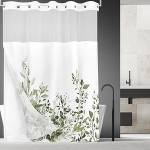 Tititex No Hooks Snap in Liner Olive Green Eucalyptus Leaves Shower Curtain Sets, Hotel Luxury Double Layers Waterproof Fabric & See-Through Top Window Bathroom Decorative 72x84 Inch