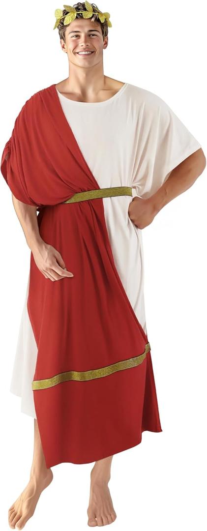 MCJC Adult Greek Toga God Costume, White Roman Deluxe Halloween Cosplay Ancient Robe (Small size, Red)