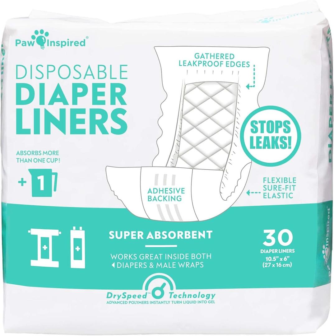 Paw Inspired Dog Diaper Liners | Inserts for Washable Covers, Female Dog Diapers, and Male Dog Belly Bands | Leakproof, Super Absorbent (30 Count)