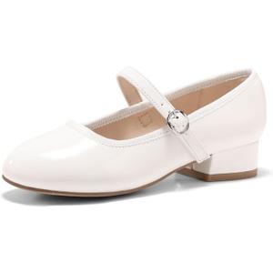 Coutgo Girls Dress Shoes Mary Jane Shoes Low Chunky Heel Flower Girl Wedding Party Flats for Big Kids, White, Size 4