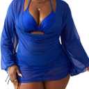 YELAIVP Women's Plus Size Halter String Triangle Bikini Sets 3 Piece Swimsuits with Side Ruched Drawstring Cover Up (XX-Large Plus, 185 Blue)