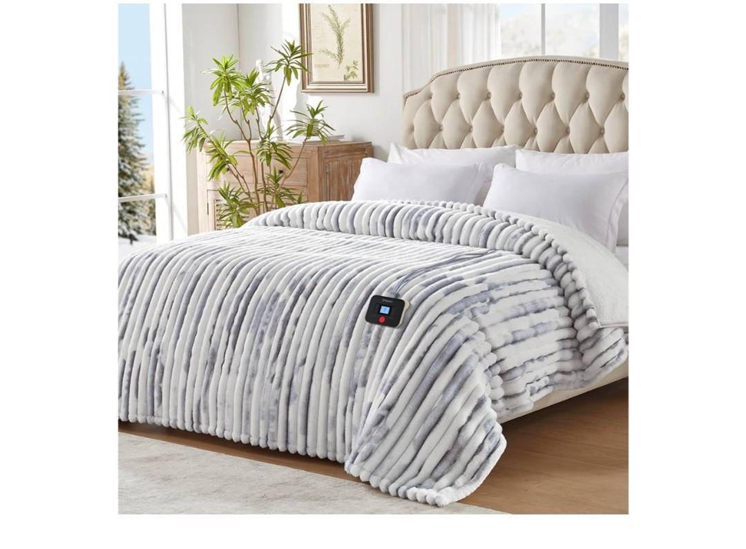 Westinghouse Electric Blanket Full Size, Super Cozy Luxury Faux Fur & Sherpa Heated Blanket with 10 Heating Levels & 1-12 Hours Auto Off, Fast Heating Blanket, Machine Washable, 80x 84 Inch Blue Gray
