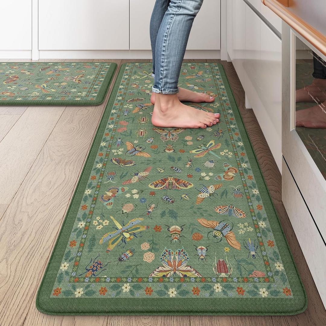 LEEVAN Anti Fatigue Mats for Kitchen Floor Non-Slip, Cushioned Kitchen Mats for Floor 2 Piece, Green Memory Foam Kitchen Mat Set, Waterproof Ergonomic Standing Mat for Bar, Office,Desk, Laundry (17.3"x29"+17.3"x47"-0.47inch)
