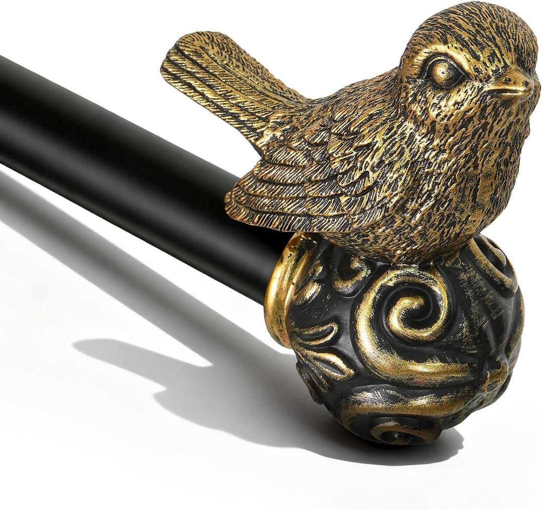 Black Curtain Rods for Windows 72 to 144 Inch, Vintage Decorative Curtain Rod with Gold Bird Finials, 1'' Adjustable Heavy Duty Drapery Rod Set for Bedroom Living Room Kitchen,36-150''