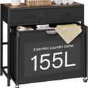Laundry Sorter 3 Section with Tabletop & 2 Drawers, Rolling Laundry Hamper with Pull-Out and Removable Bags, Laundry Basket Organizer with Wheels and Shelf, Metal Frame Rustic Brown for Laundry Room, 155 L