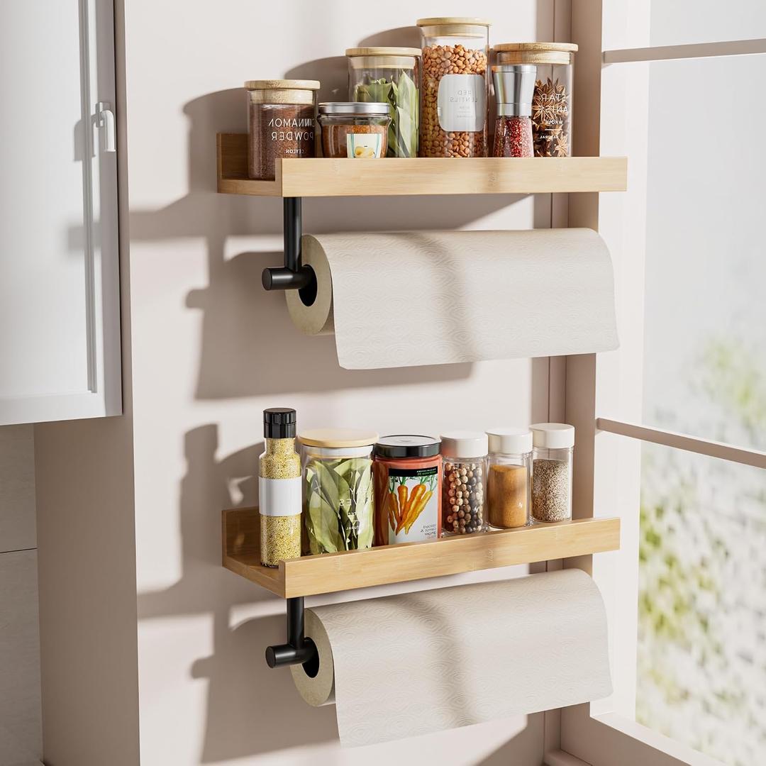 LAMU Paper Towel Holder Wall Mount with Shelf, Bamboo Tissue Paper Spice Rack, 13 inch Hanging Roll Holder for Kitchen, Bathroom, Garage, Toilet, Laundry Room, 2 Pack