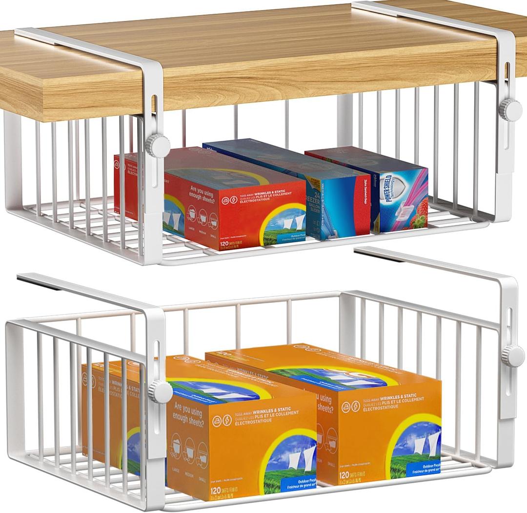 AmonHouseware 2Pack Under Shelf Basket Organizer,Adjustable Hanging Holder Storage for Cabinet Pantry Kitchen Cupboard Desk Counter Bookshelf Organization Add-on Space Saver Heavy Duty Slide-in,White (Large)