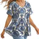 YESNO Women's Summer Tops Casual V Neck Babydoll Blouses Floral Short Sleeve Peplum Shirts TH2 (L)